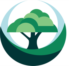 A stylized tree with green foliage inside a circular shape, featuring overlapping shades of green and blue.