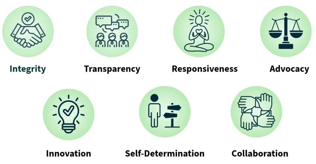 Seven icons represent the values: Integrity, Transparency, Responsiveness, Advocacy, Innovation, Self-Determination, and Collaboration. Each icon is paired with its corresponding value.