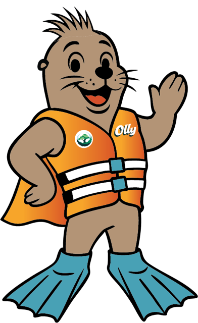 Cartoon otter wearing an orange life jacket labeled "Olly," blue swim fins, and waving with a friendly expression.