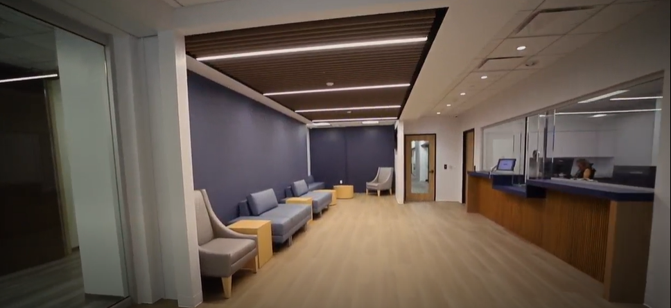 A modern waiting room with blue cushioned chairs along the left wall, wood flooring, blue accent walls, and a reception desk on the right.
