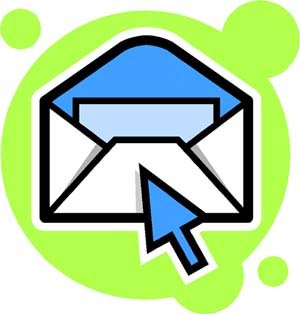 Illustration of an open envelope with a blue arrow cursor pointing toward it, set against a light green background with circular shapes.
