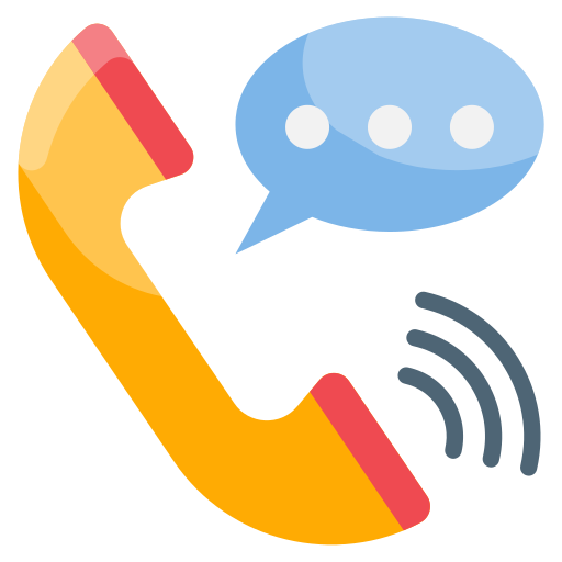 Illustration of a yellow and red phone receiver with sound waves next to a blue speech bubble containing three dots.